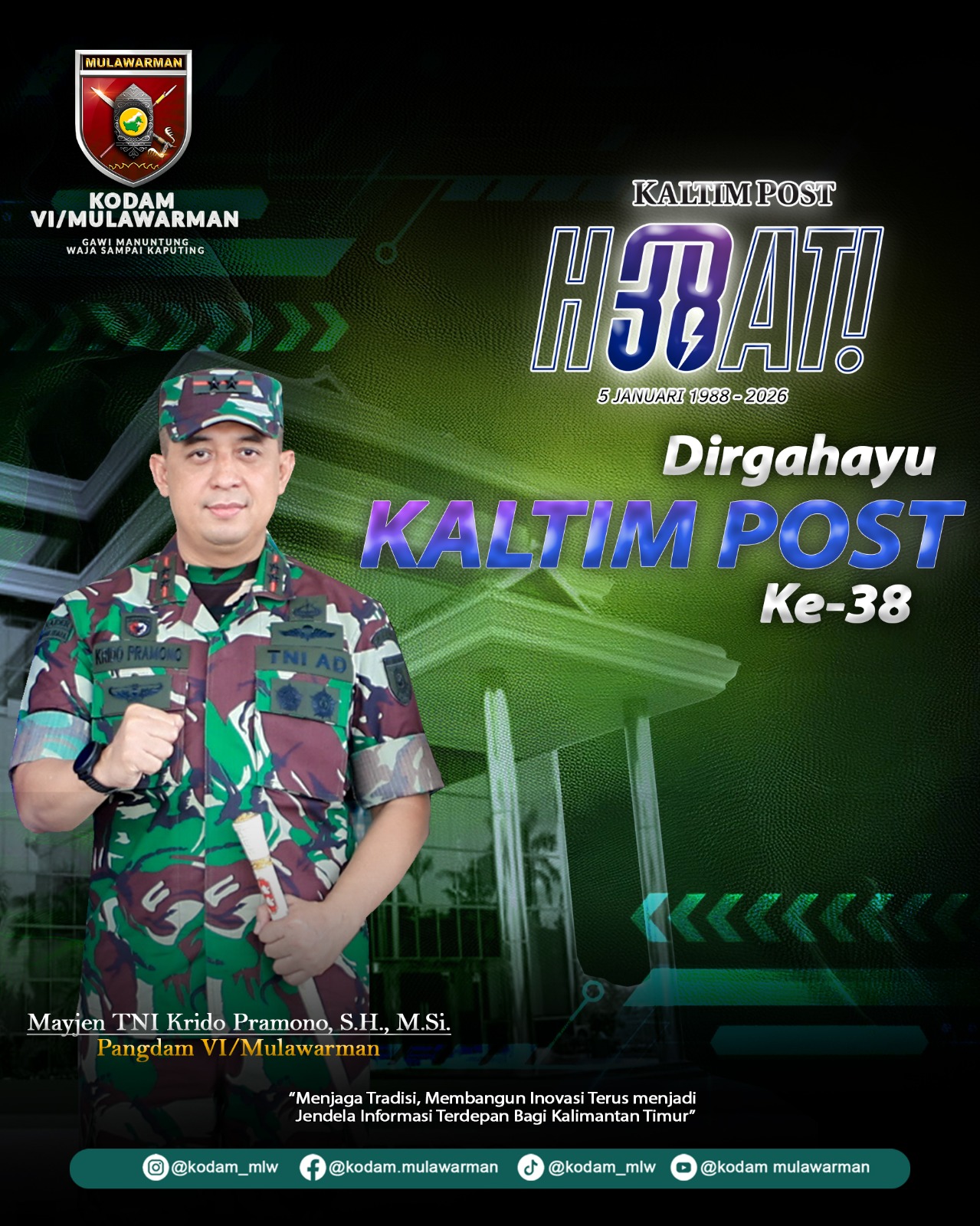 Pangdam VI/Mlw Mayjen TNI Krido Pramono sampaikan ucapan "Selamat HUT Kaltim Post ke-38"
